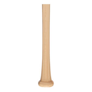 Close-up of a natural wood baseball bat handle with visible grain and a flared knob.