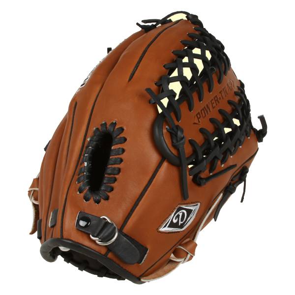 Side view of a brown baseball glove with black lacing and POWER-TRAP text.