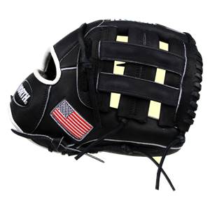 Front view of a black baseball glove with an American flag patch and WORTH text.