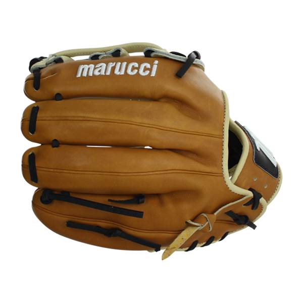 Front view of a tan baseball glove with marucci in white lettering and black lacing.