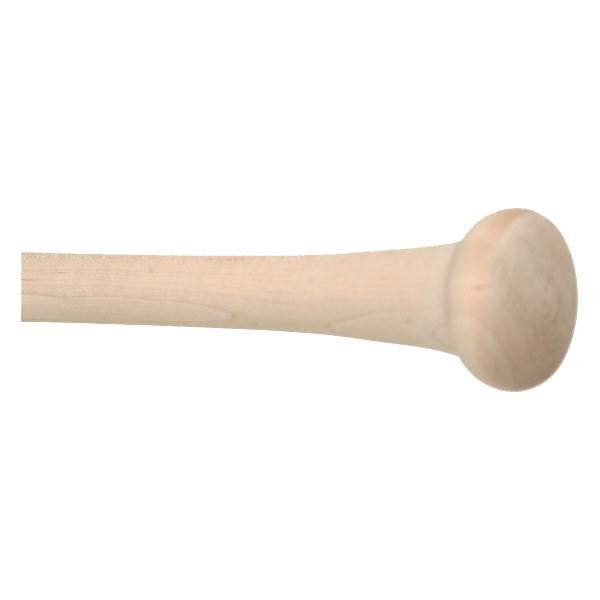 Side view of a light wood baseball bat with a rounded knob.