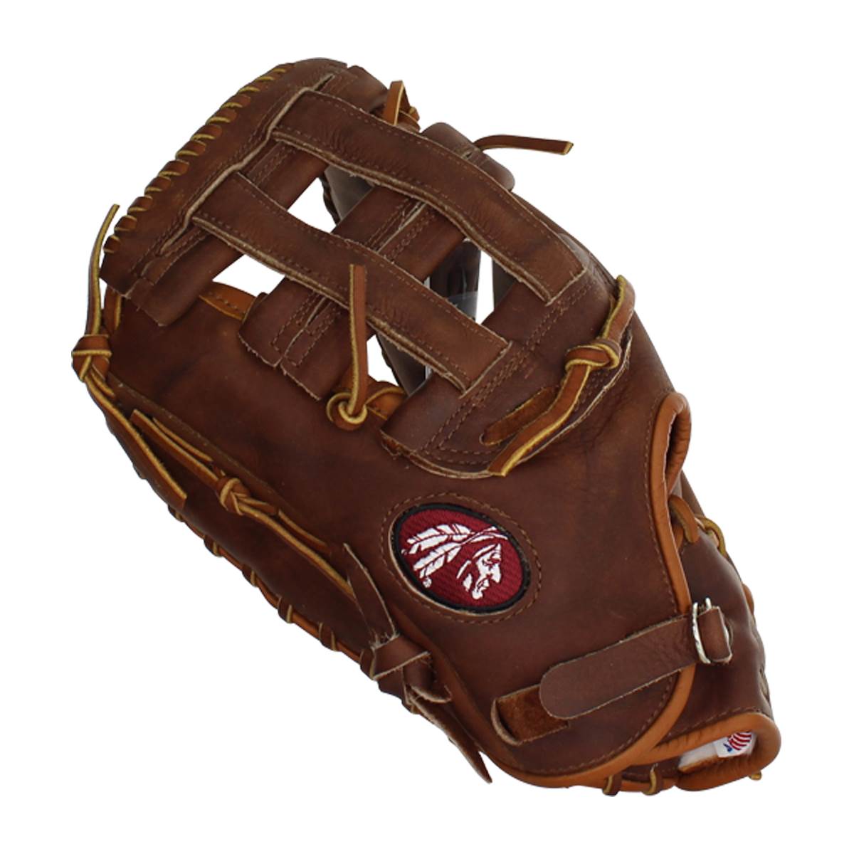 Side view of a brown first base mitt with a webbed pocket and a circular Indian head logo.