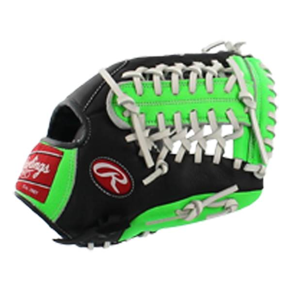 Side view of a black and neon green baseball glove with white lacing and a red Rawlings logo.