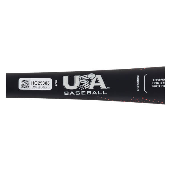 Side view of a black baseball bat with USA Baseball logo and certification text.