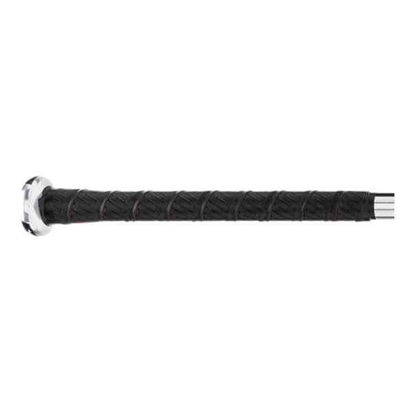 Side view of a black baseball bat with a textured grip and silver end cap.