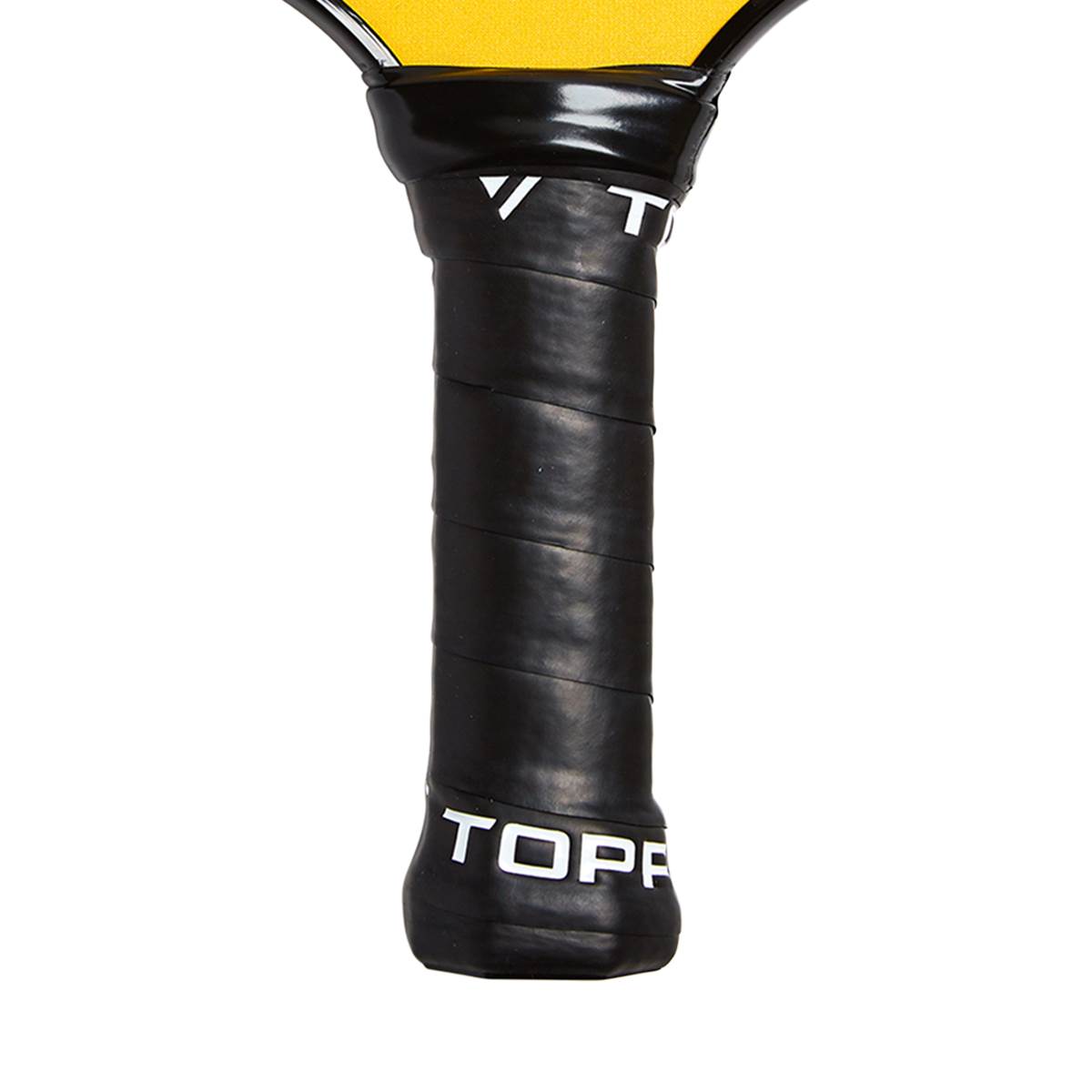 Bottom view of a black pickleball paddle grip with white TOPP branding.