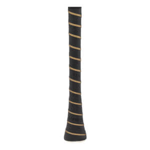 Close-up of a black perforated baseball bat grip with gold spiral accents and visible WAR branding.