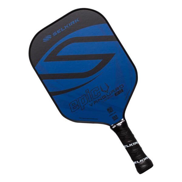 Top-down view of a blue and black pickleball paddle with epic VANGUARD 2.0 text and a black grip.