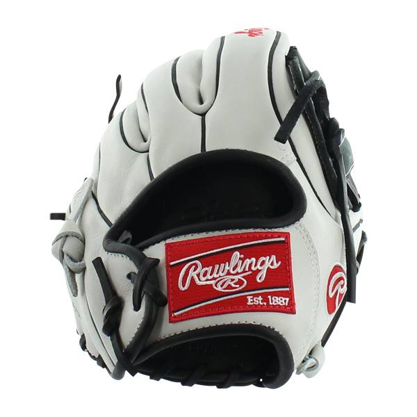 Front view of a white baseball glove with black lacing and a red Rawlings logo patch.