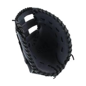 Interior view of a black Adidas baseball mitt with visible stitching and a debossed logo.