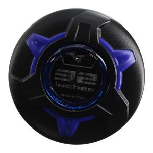 End view of a black baseball bat with blue accents and 32 inches and Made in China text.