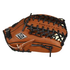 Side view of a brown baseball glove with black lacing and POWER-TRAP text.