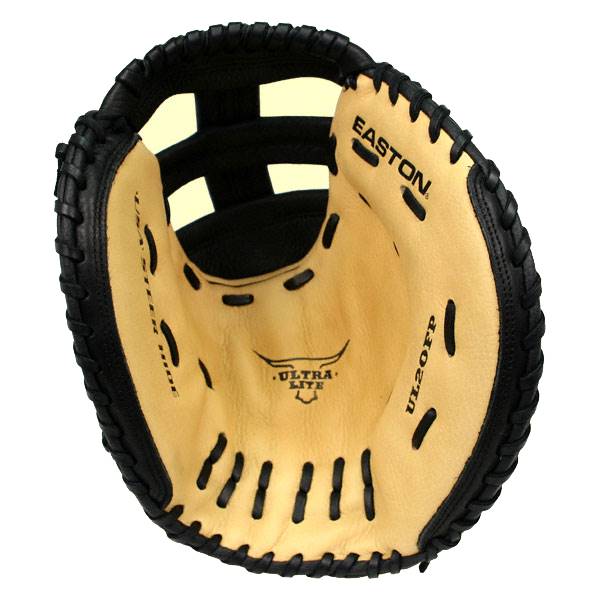 Top-down view of a tan and black Easton Ultra Lite fastpitch catchers mitt with EASTON and UL20FP text.