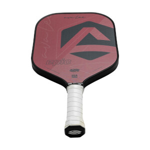 Top-down view of a red pickleball paddle with epic text and a stylized A logo.