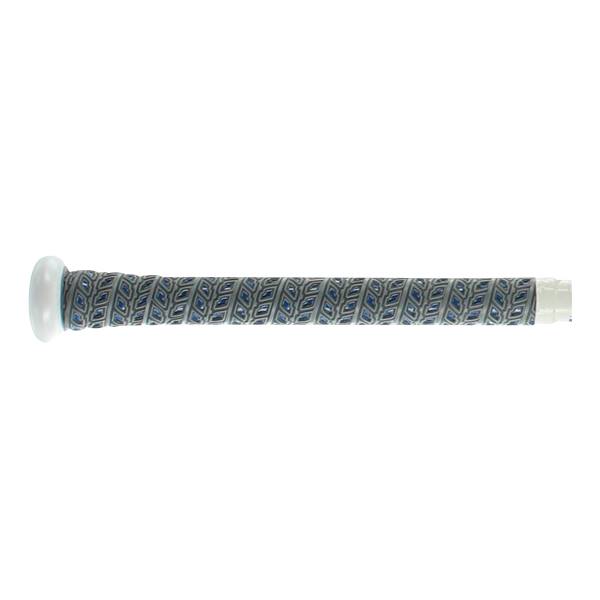 Side view of a white baseball bat with a gray and blue patterned grip.