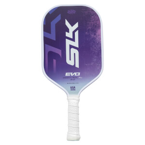 Front view of a purple and white pickleball paddle with SLK EVO CONTROL XL 2.0 and USA branding.