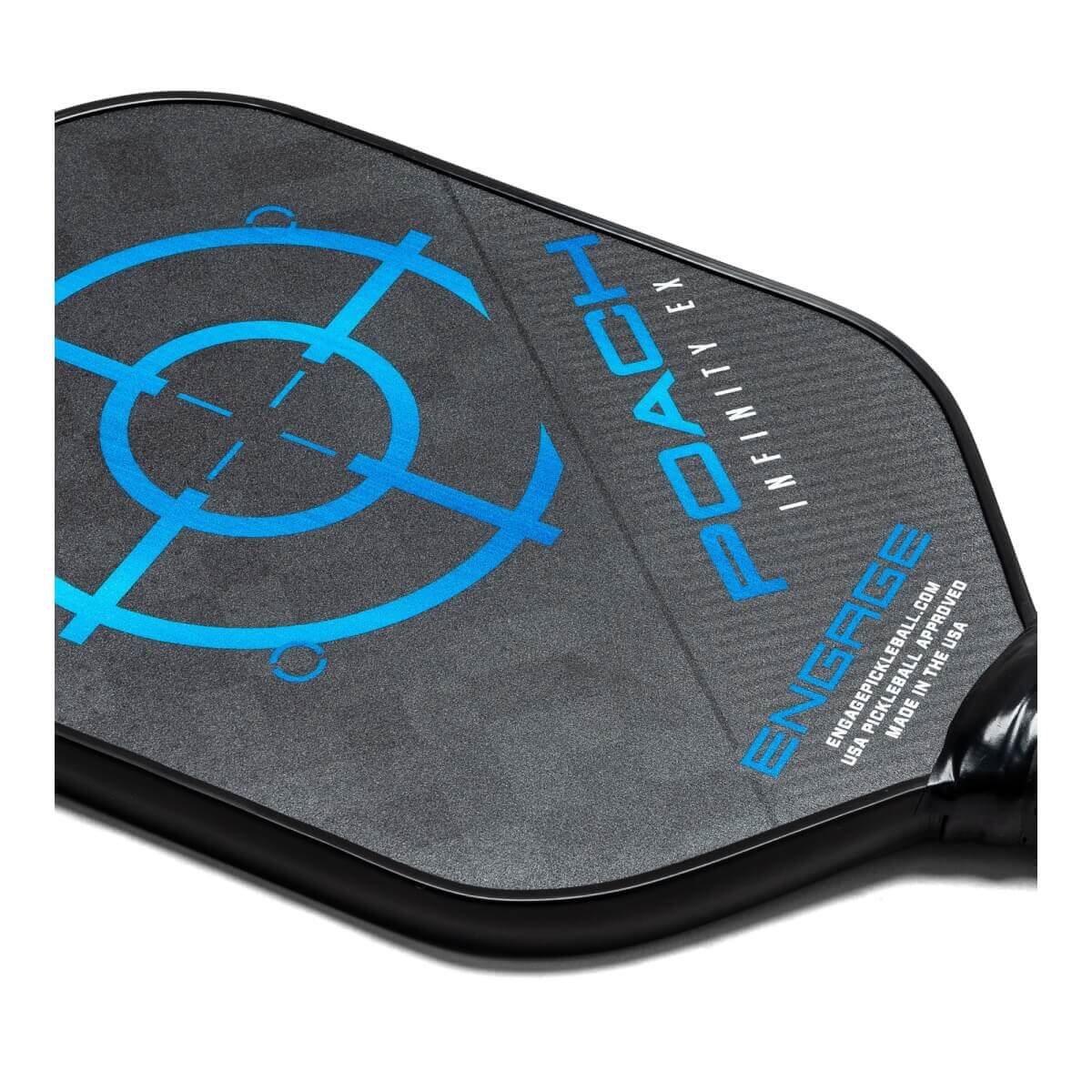 Corner view of a black pickleball paddle with blue target and text.