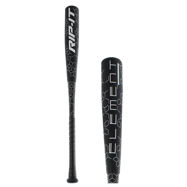 Side view of a black baseball bat with RIP-IT branding and a geometric pattern.
