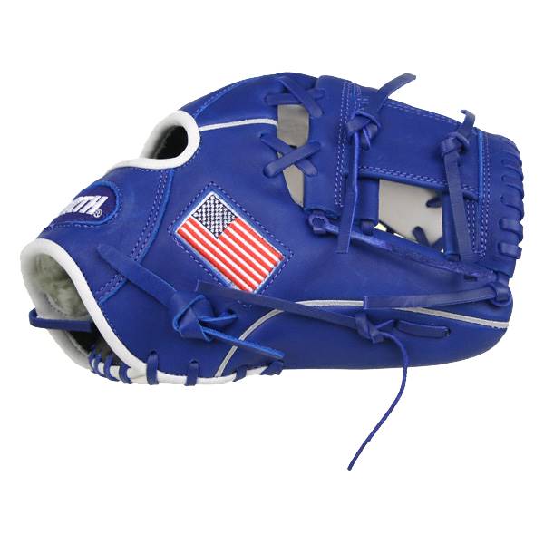 Side view of a royal blue baseball glove with an American flag patch and white trim.