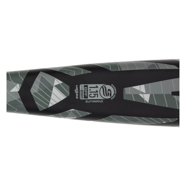 Close-up of the barrel shows a grey geometric camo pattern and the USSSA 1.15 BPF certification stamp with text reading BASEBALL ONLY, NTS TESTED, and EUT4MAV5.