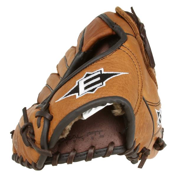 Side view of a brown baseball glove with white Easton logo and leather lacing.