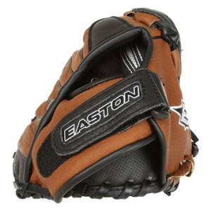 Side view of a brown and black youth baseball glove with Easton logo and adjustable strap.