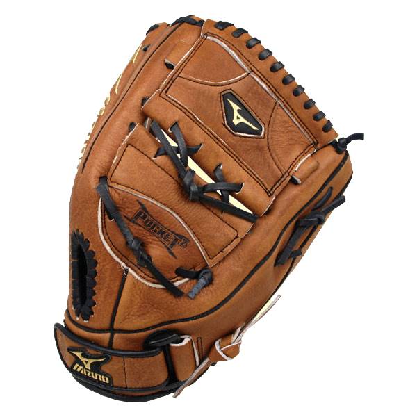 Top-down view of a brown baseball glove with black lacing and a POCKET 2 stamp.