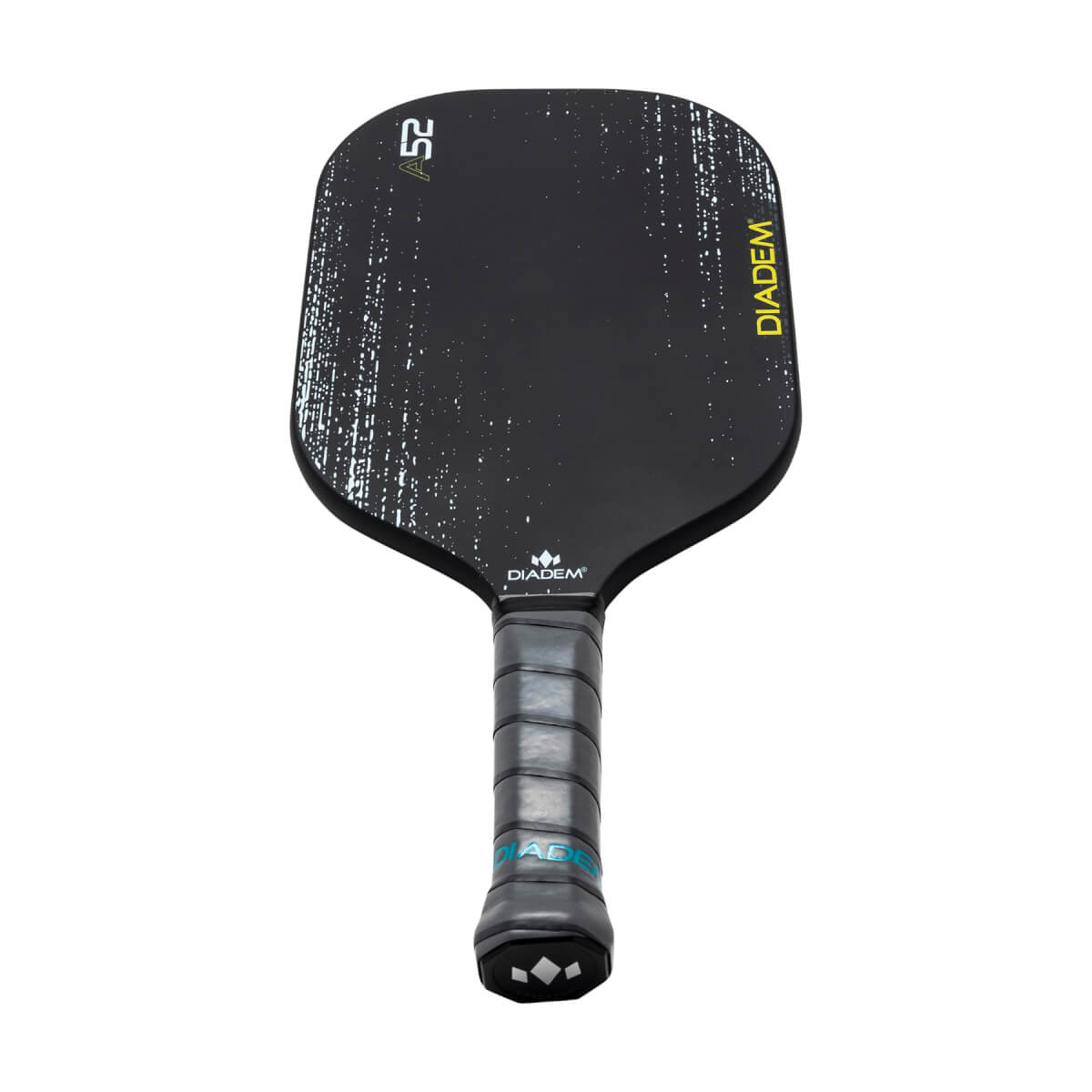 Front view of a black pickleball paddle with white speckle pattern, DIADEM text, and a ribbed grip.