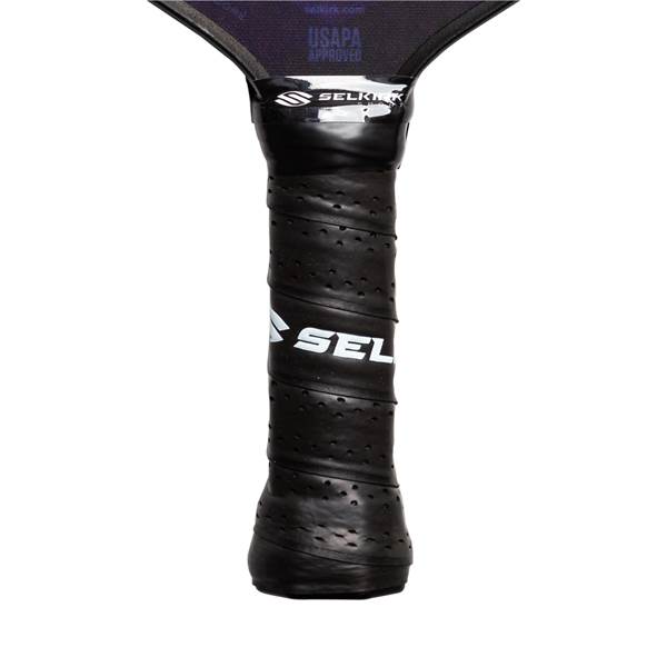 Close-up of a black pickleball paddle grip with SEL logo and USAPA APPROVED text.