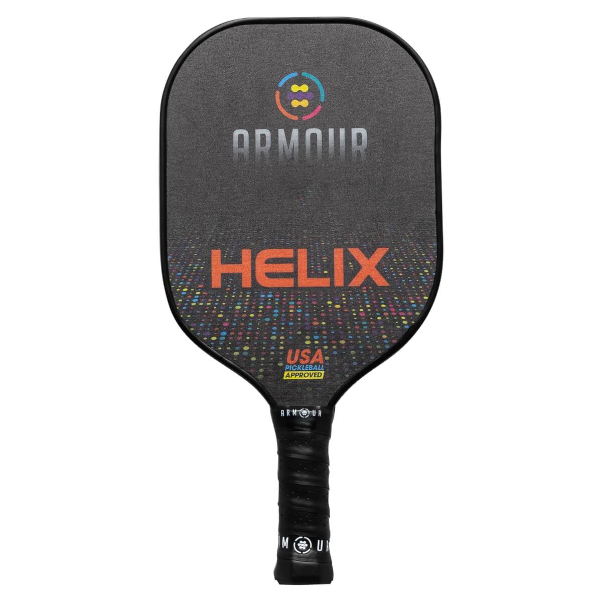 Front view of a black Armour HELIX pickleball paddle with colorful dots and USA Pickleball Approved logo.