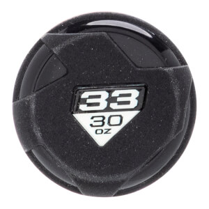 Top-down view of a black baseball bat end cap with 33 30 OZ labeling.