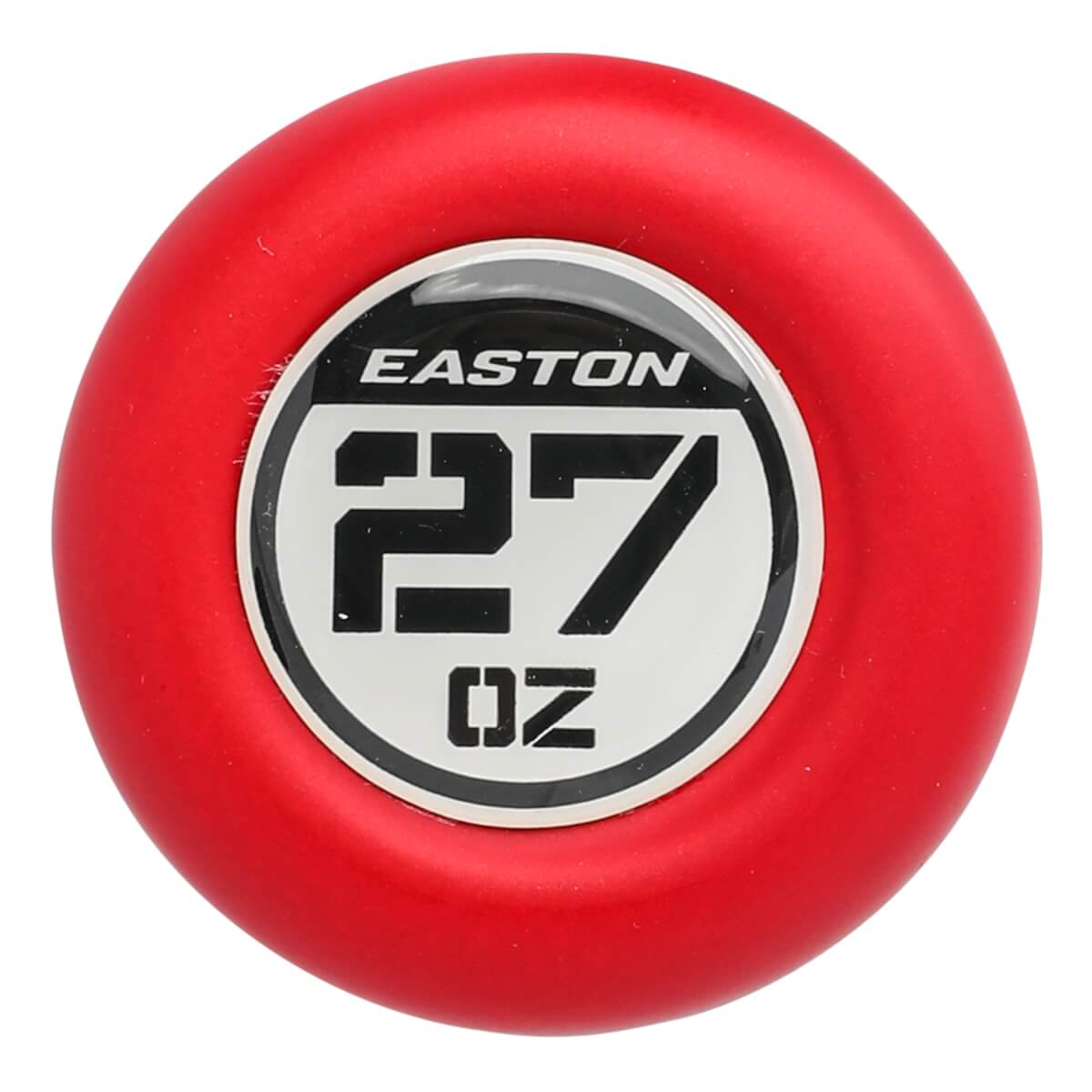 End cap view of a red Easton bat with EASTON and 27 OZ branding.