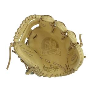 Interior view of a tan Rawlings Pro Preferred baseball glove with embossed Rawlings and Pro Preferred logos.