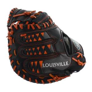 Side view of a black Louisville Slugger baseball glove with orange lacing and a mesh web.