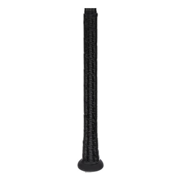 Close-up of a black baseball bat handle with a textured, wrapped grip and a round knob.