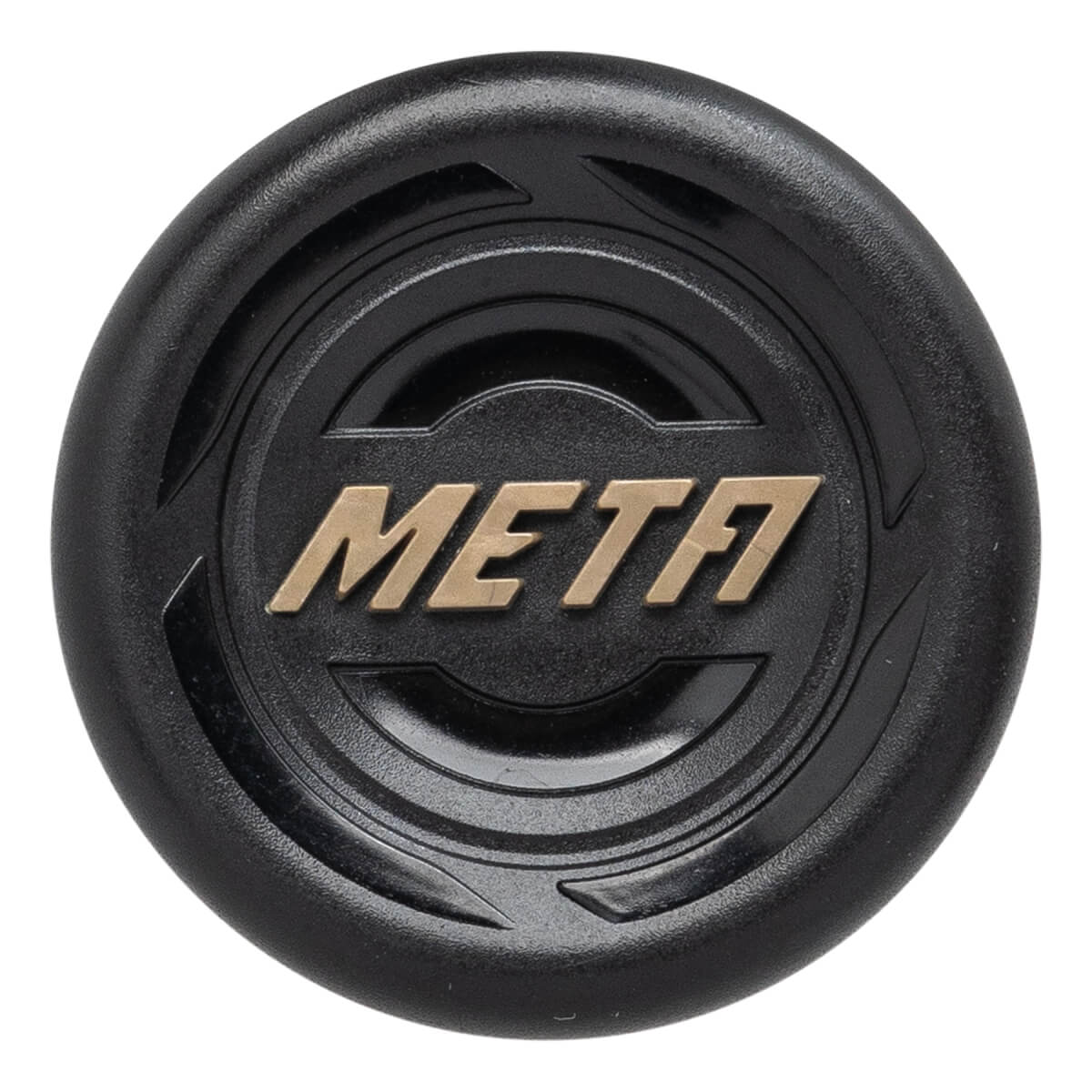 End cap view of a black baseball bat with gold META text and circular design.
