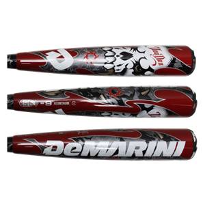 Side view of a red and white DeMarini Voodoo baseball bat with a skull graphic and DeMarini text.