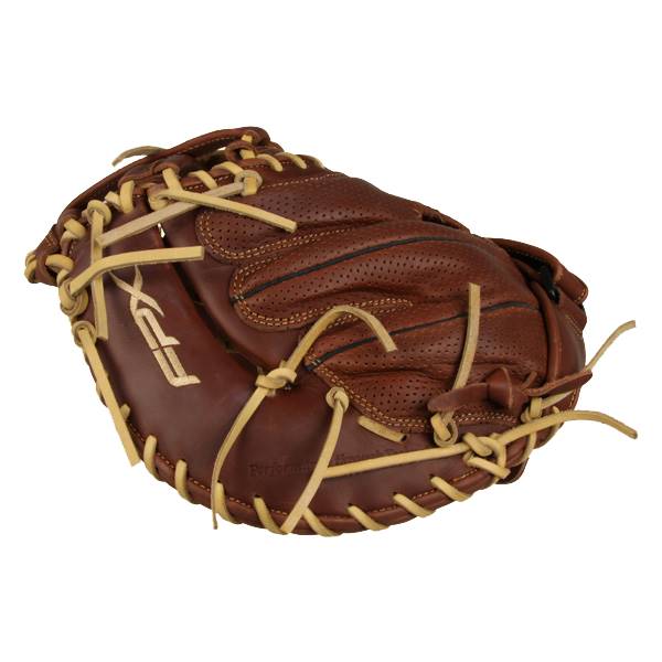 Side view of a brown catchers mitt with tan lacing and FPX logo.