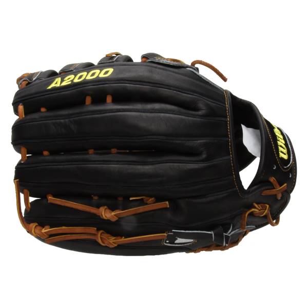 Side view of a black baseball glove with A2000 branding and tan lacing.