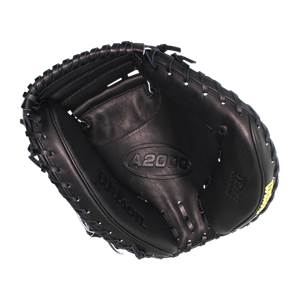 Top-down view of a black baseball catchers mitt with A2000 and Wilson embossed.
