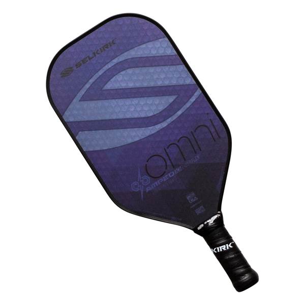 Top-down view of a purple pickleball paddle with Selkirk and Omni branding.