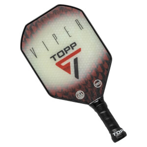 Top-down view of a white pickleball paddle with red accents, VIPER text, and a TOPP logo.