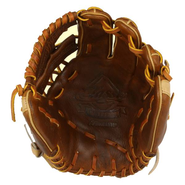 Interior view of a brown leather baseball glove with tan accents and yellow stitching.