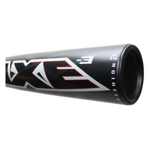 Side view of a black baseball bat with white XE logo and ENGINEERED text.