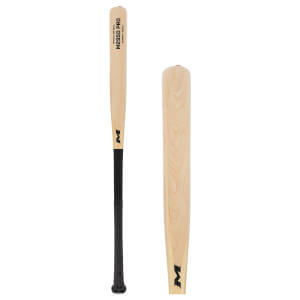 Two views of a natural wood softball bat with M2950 PRO text, a black grip, and M logos.