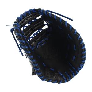 Interior view of a black Rawlings Pro Preferred first base mitt with blue lacing and embossed branding.