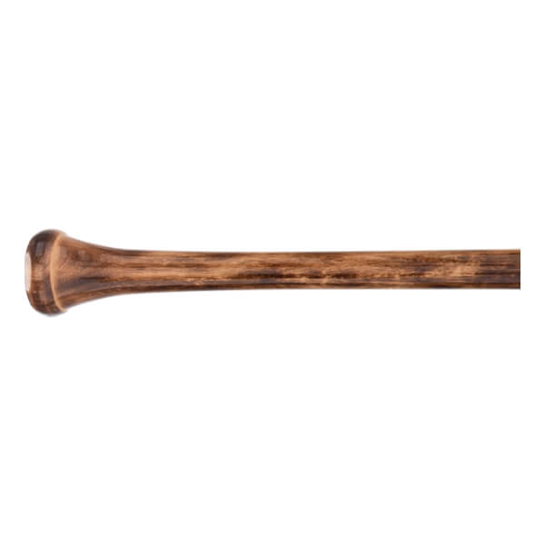 Side view of brown wooden baseball bat handle with a rounded knob and dark, natural wood grain.