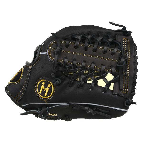 Side view of a black baseball glove with gold stitching and a gold M logo.