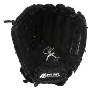 Interior view of a black fastpitch glove with a silver Mizuno logo and PROSPECT SERIES text.