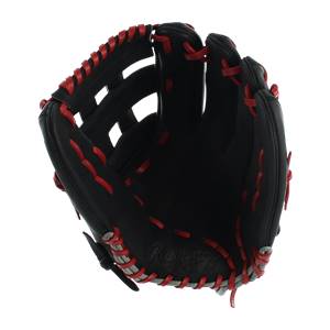 Top-down view of a black baseball glove with red lacing and a Rawlings logo.